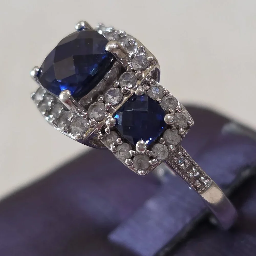 Cushion Cut Blue Three (3) Stone CZ Accent 925 Sterling Silver Ring Size 6.75